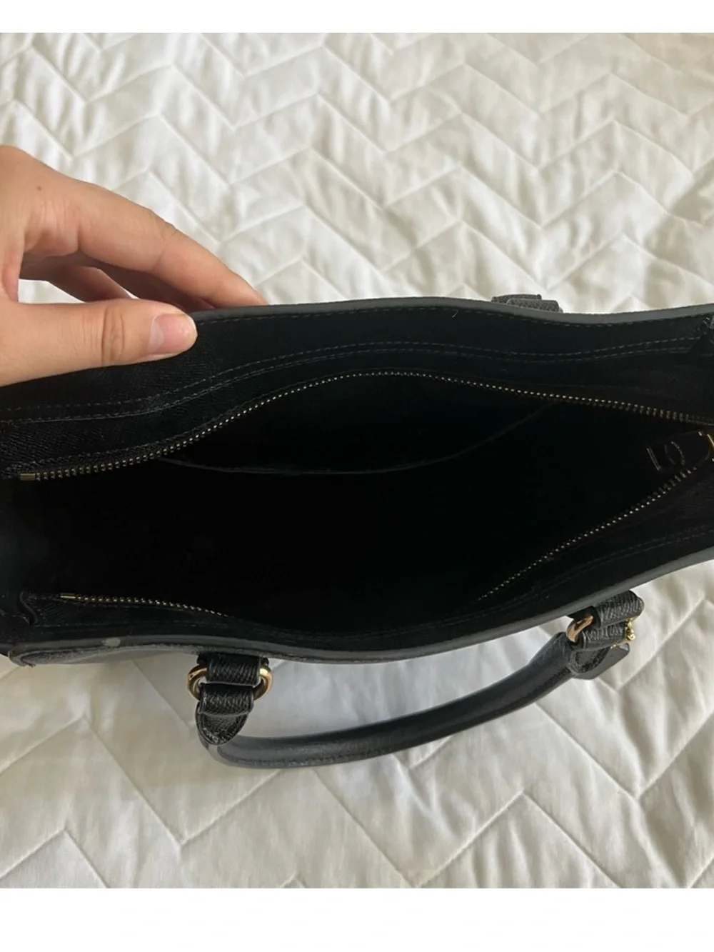 Coach Black Saffiano Satchel with Gold Rings